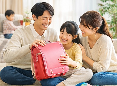 ランドセルを囲む家族の笑顔