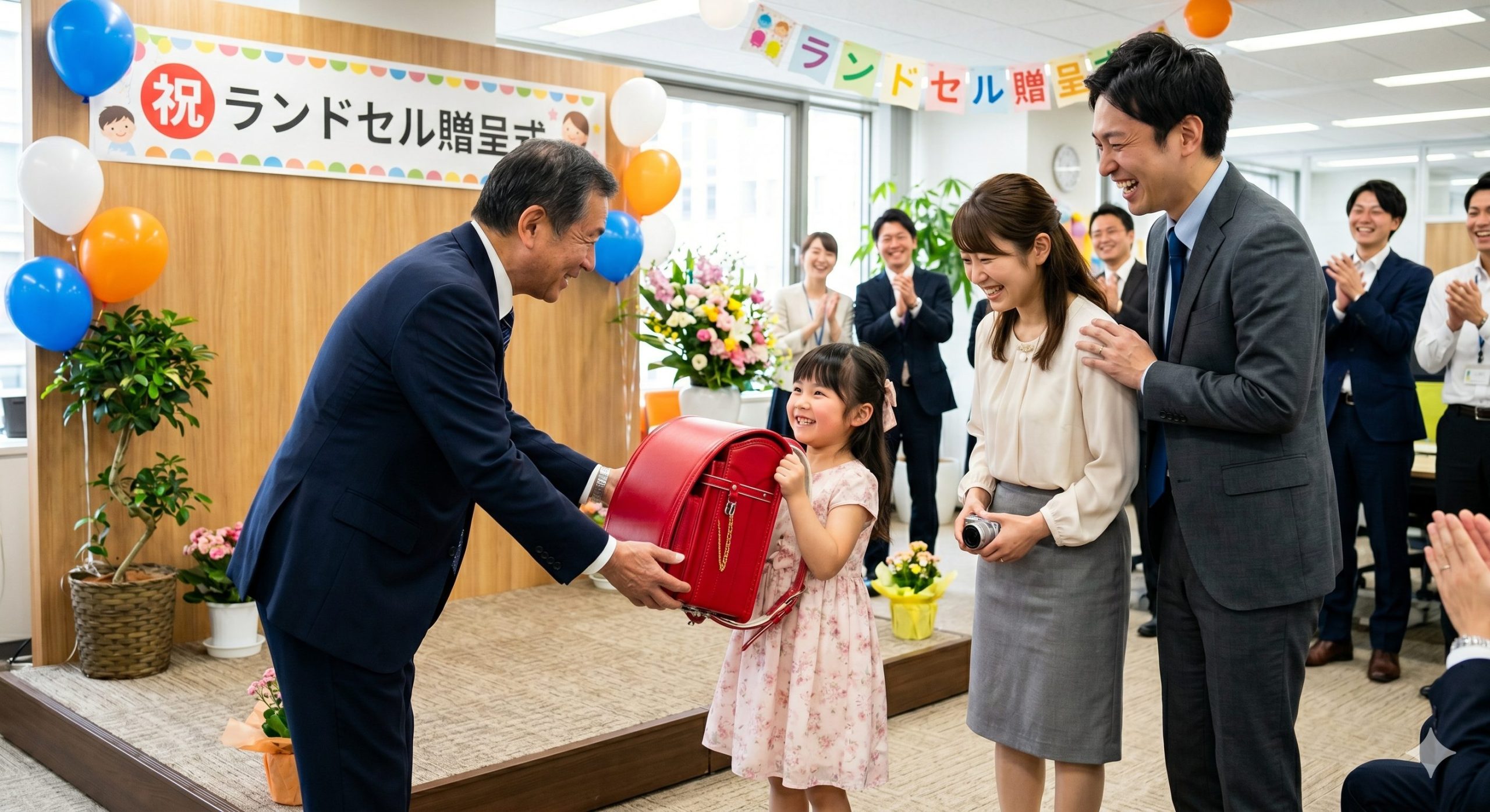 ランドセル贈呈式の様子。社長から社員のお子さまへ赤いランドセルが手渡され、家族全員が笑顔で喜んでいる
